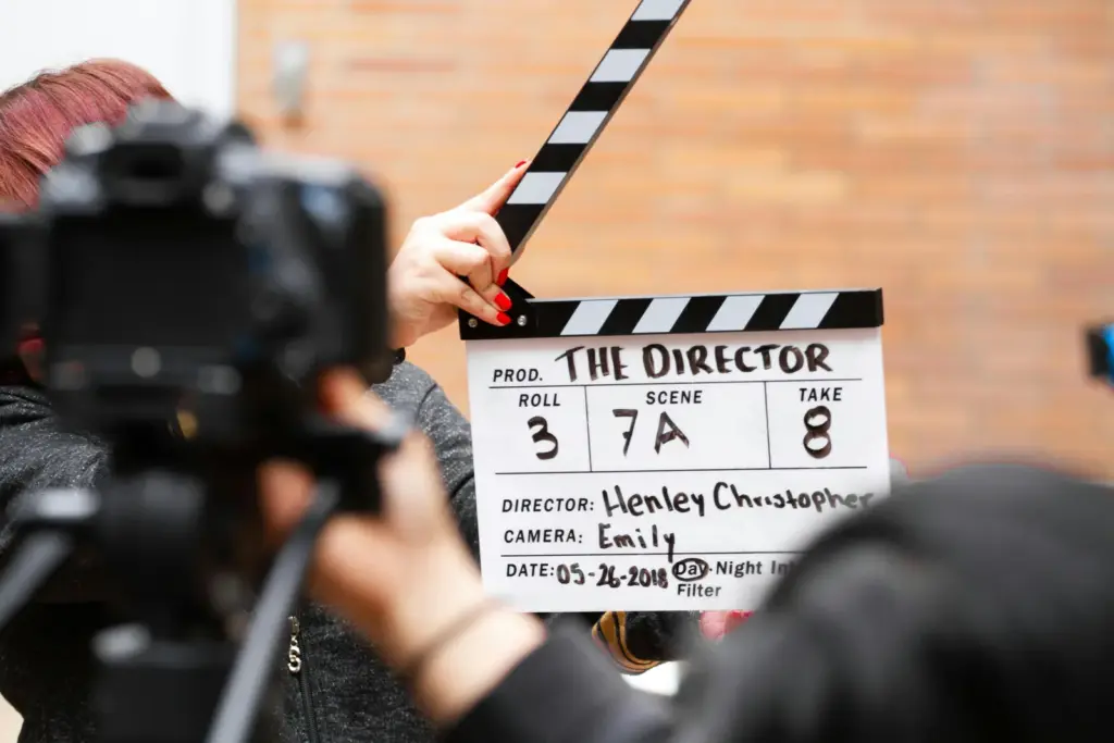 Director's clapperboard on a film set